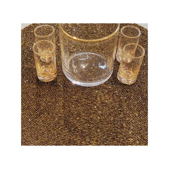 Vintage MCM Shot Glass Set w/ Holder Retro Barware Collector Gold Tone Rim - Picture 10 of 13